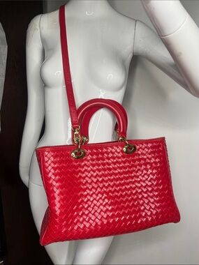 Lederer Red Woven Leather Double Handle Crossbody Zip Triple Compartment Bag